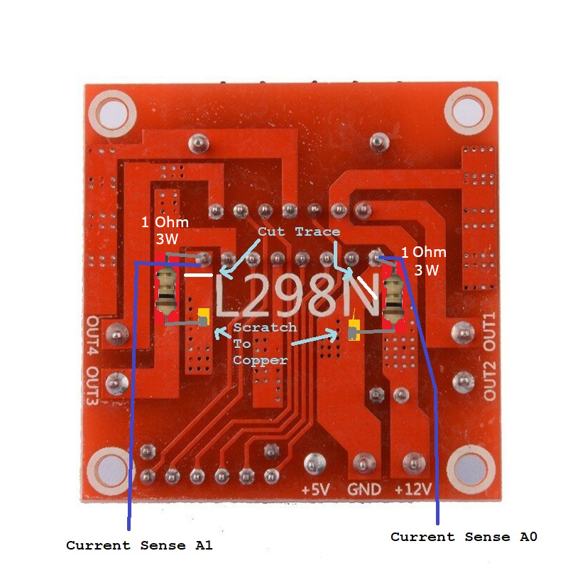 L298N cut traces to install CS resistors