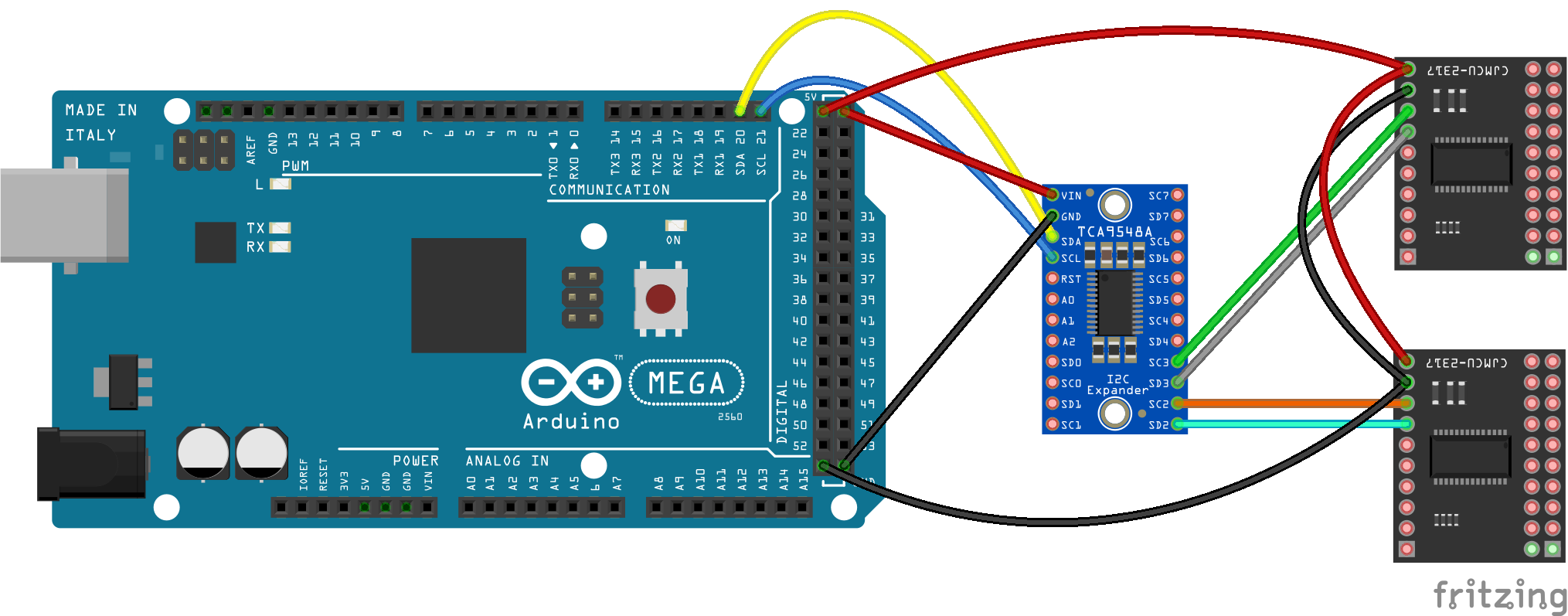 Example of Arduino Mega2560 with TCA9548 4-channel multiplexer