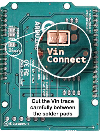 Cut Vin trace on Arduino motor shield