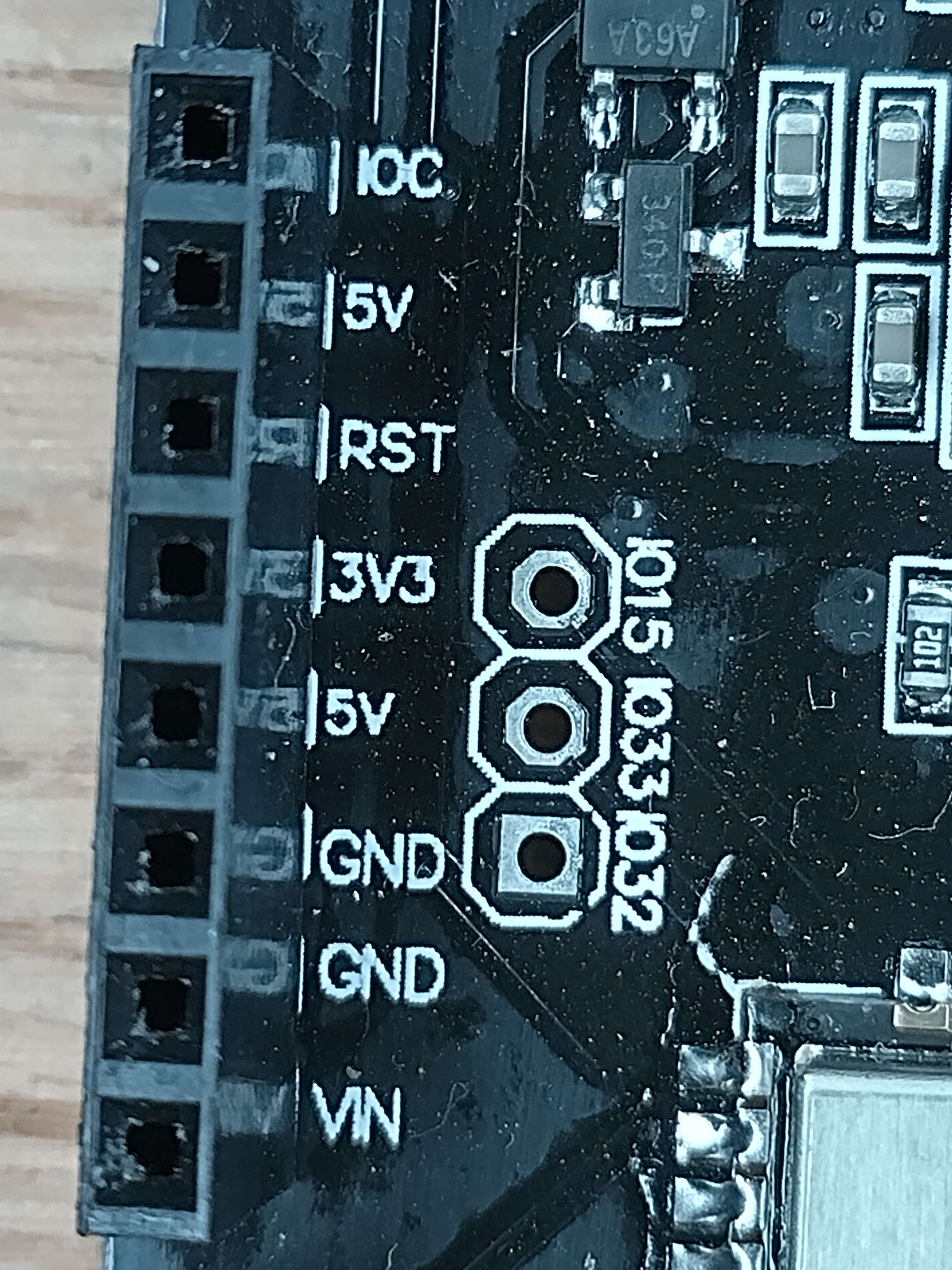 ESPDUINO-32 power header closeup, component side