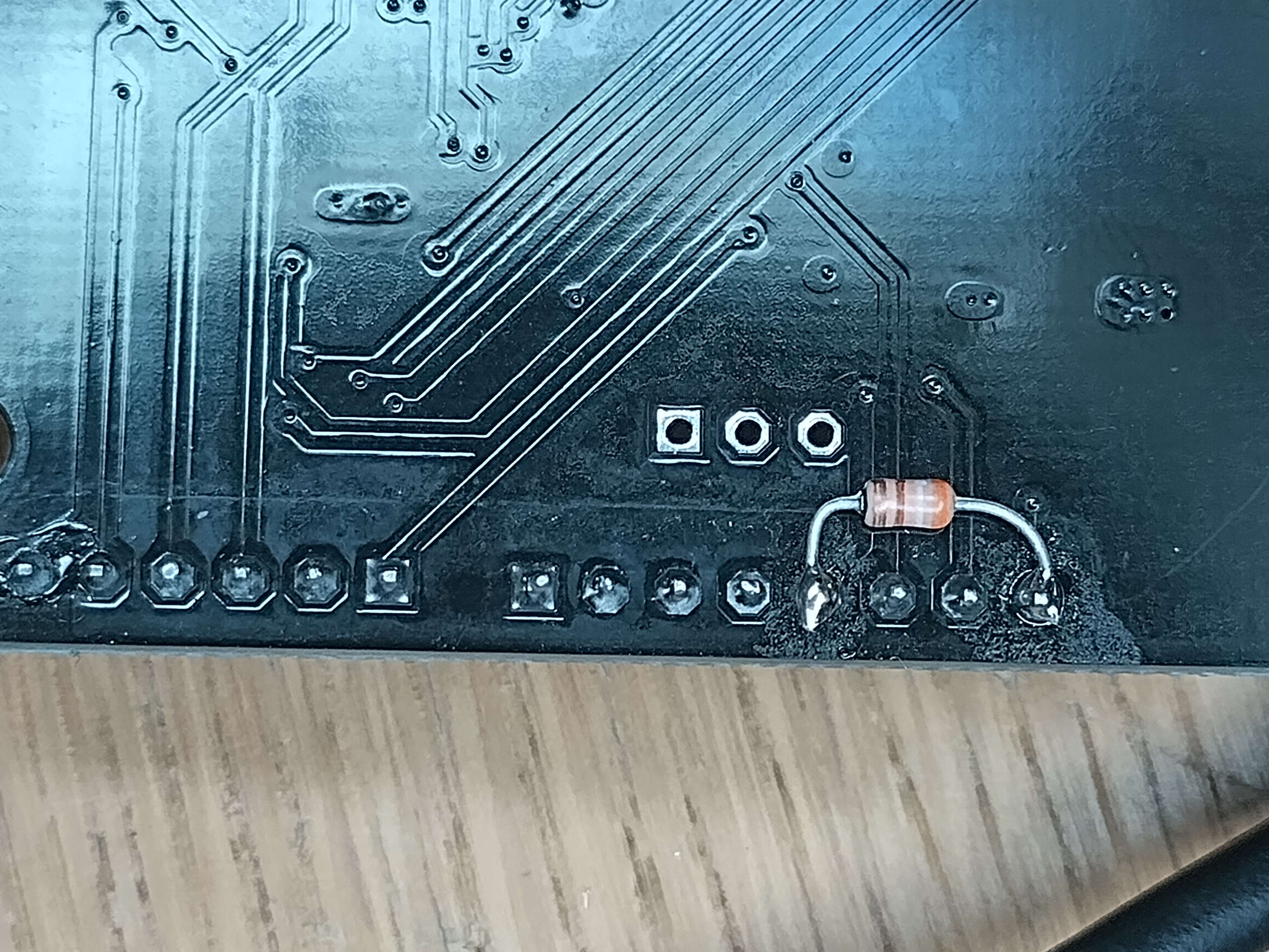 ESPDUINO-32 resister modification, underside of PCB