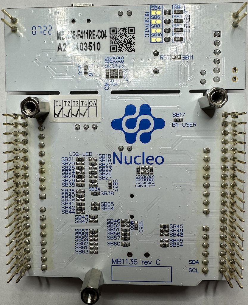 STM Nucleo-F411RE underneath face with 10mm M3 standoffs