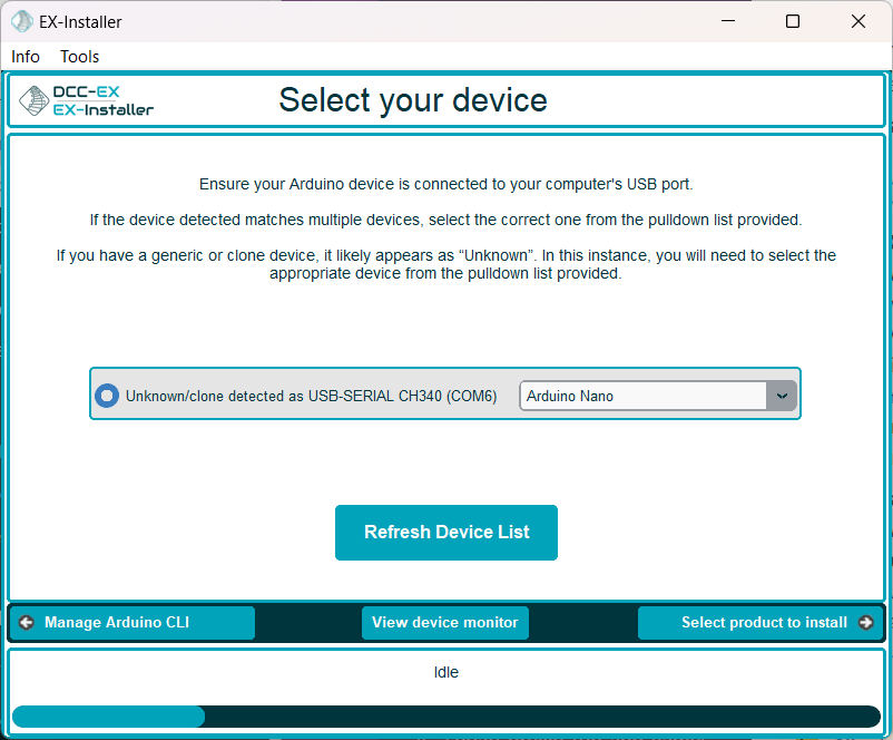 Select Device screen