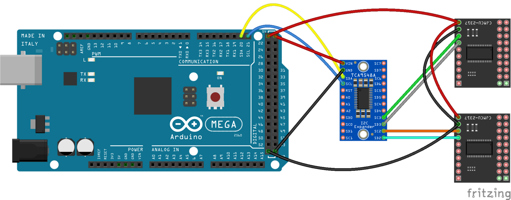Example of Arduino Mega2560 with TCA9548A 8-channel multiplexer